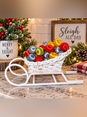 Vintage Mini Satin Christmas Ornaments Lot 40 Balls White Wicker Sleigh Decor